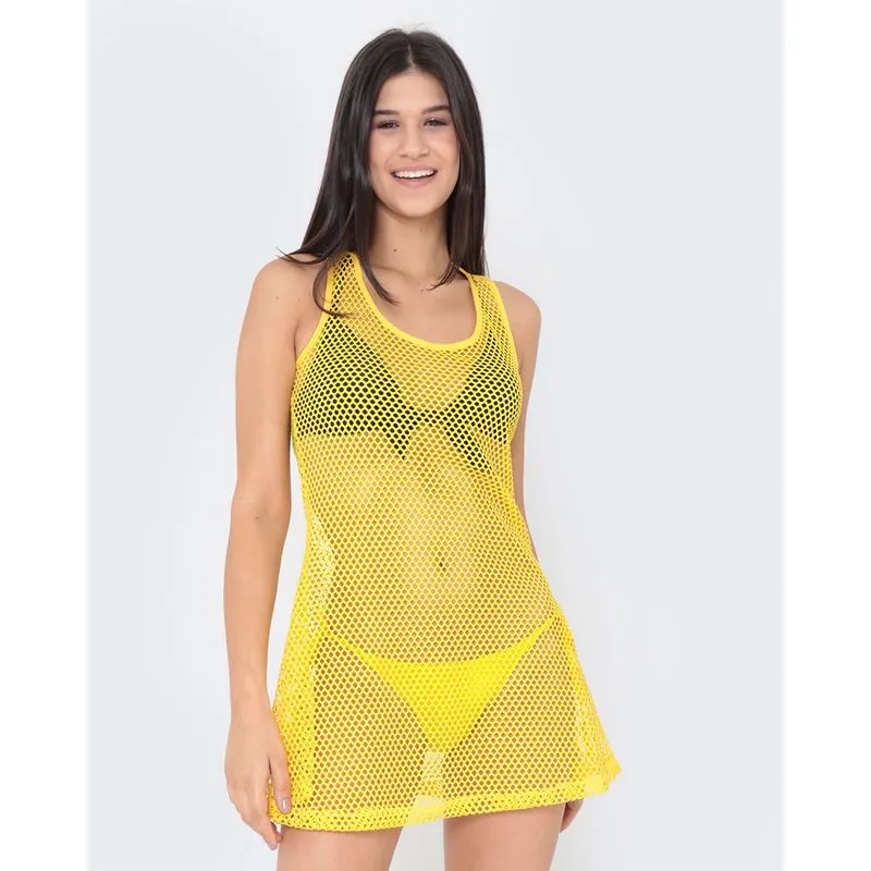 Saída de Praia Vestido Regata Furadinha Amarelo P