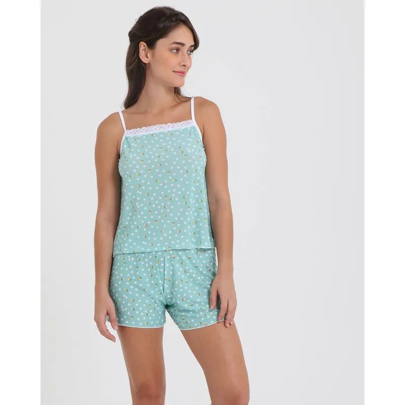 Pijama Short Doll Estampa Bolinhas Verde Água G