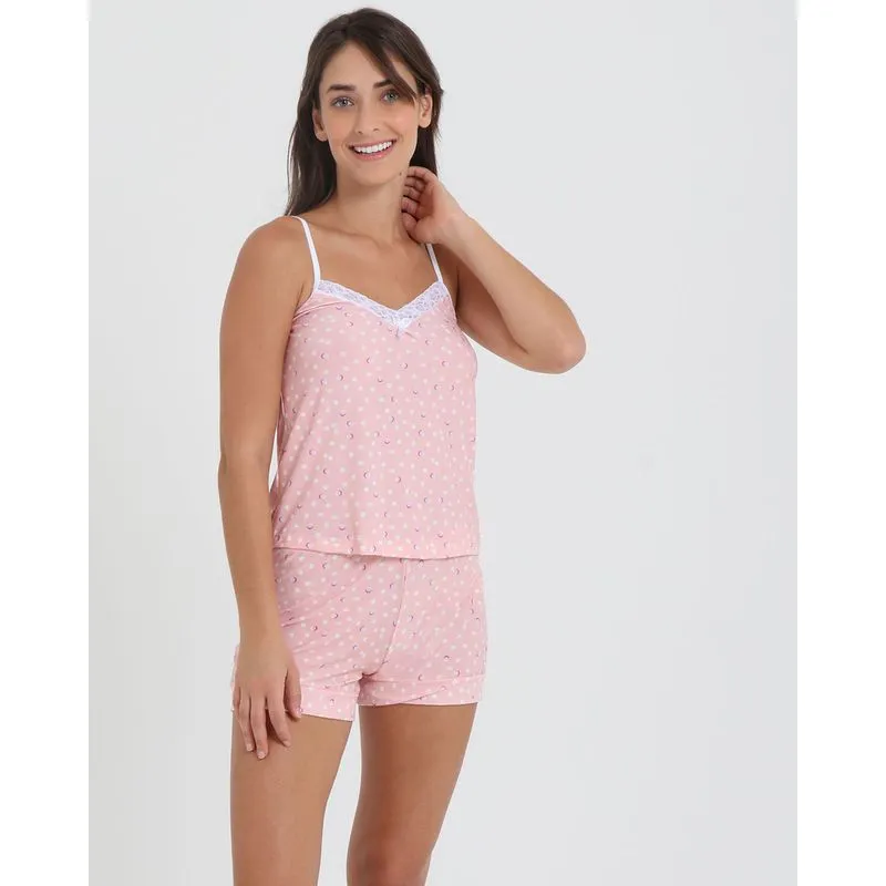 Pijama Short Doll Estampa Bolinhas Rosa Claro P