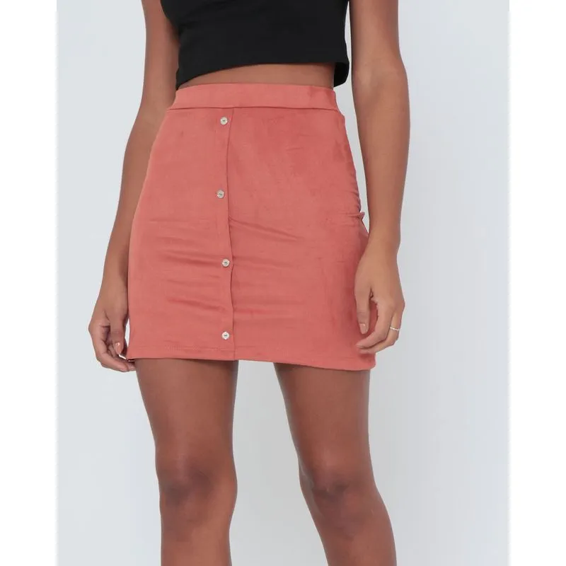 Saia Suede Curta Botões Terracota P