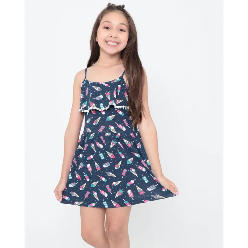 Vestido Infantil Babado Sorvetes Azul Marinho 8
