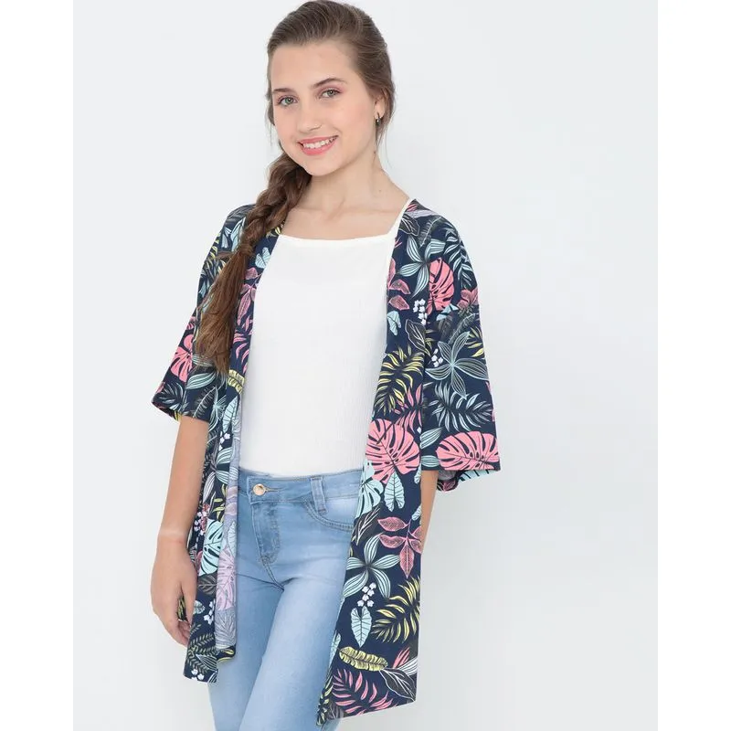 Kimono Juvenil Floral Azul Marinho 16