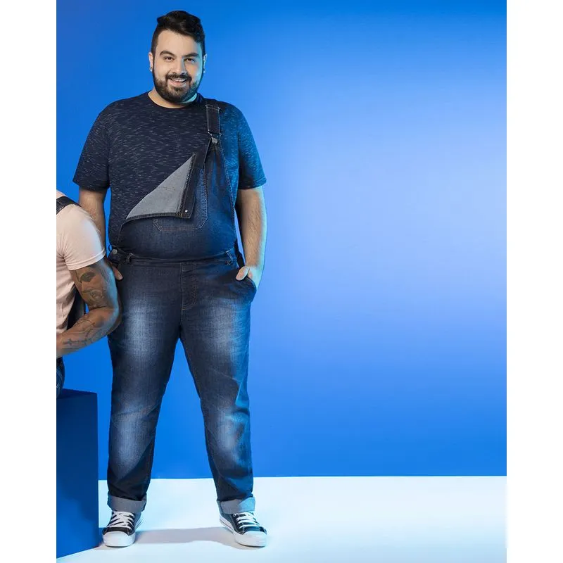 Macacão Jeans Masculino Plus Size Azul Escuro 50