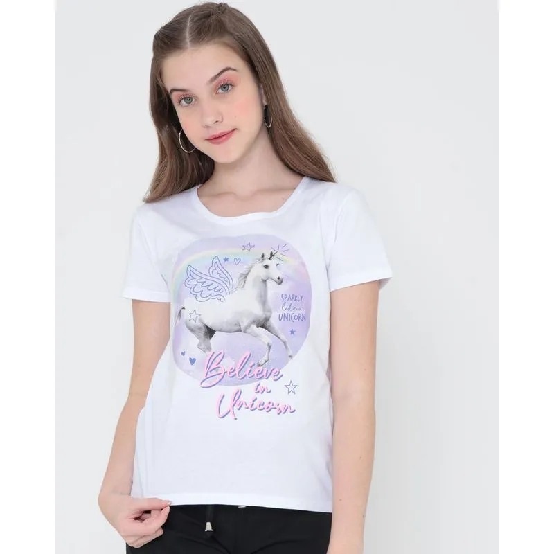 Blusa Juvenil Estampa Unicórnio Branca 10
