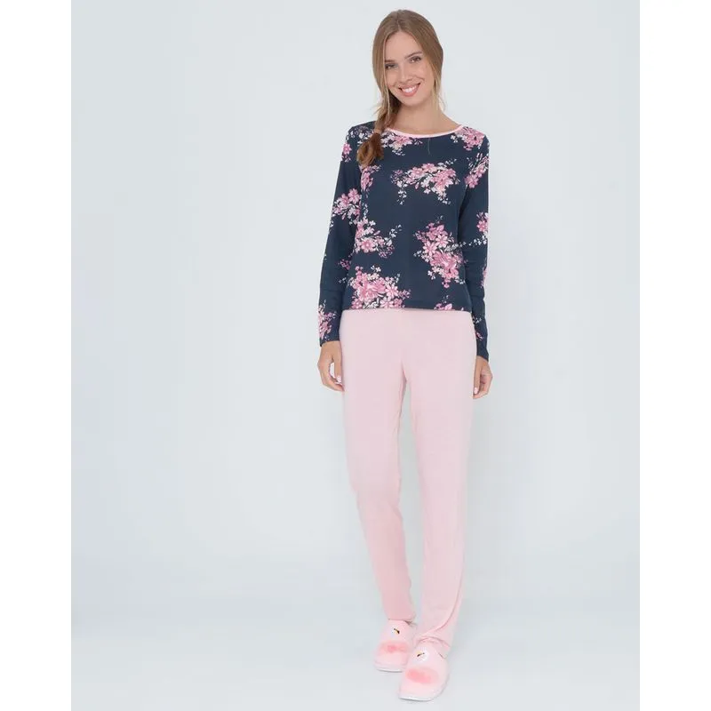 Pijama Feminino Longo Floral Azul Marinho GG