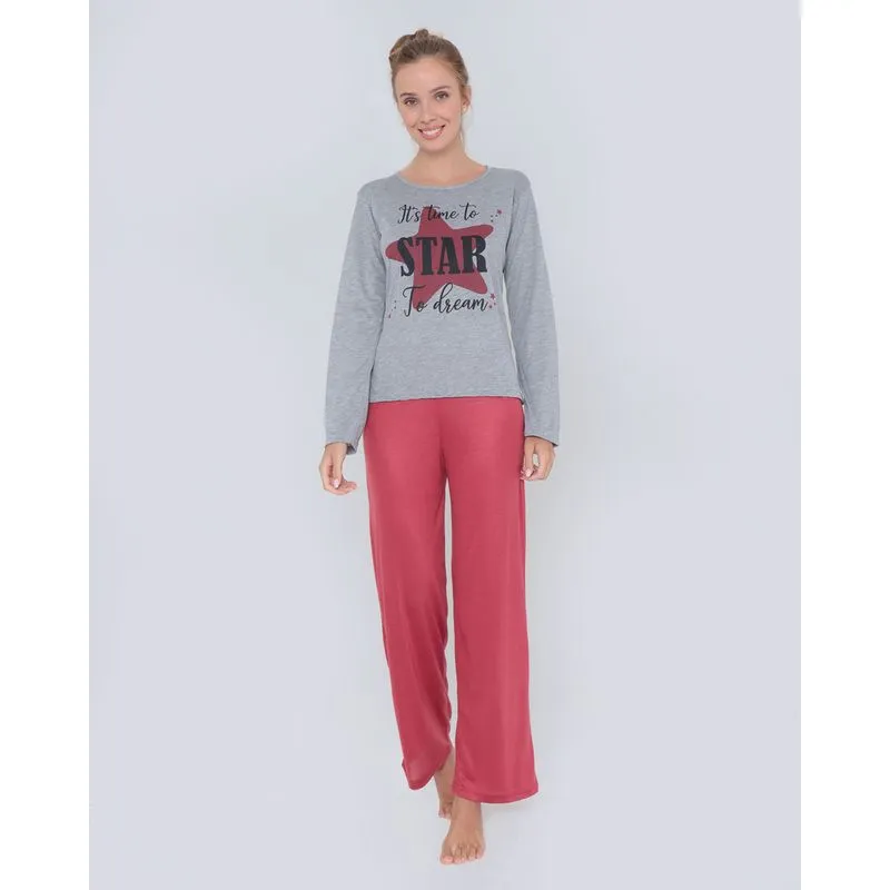 Pijama Longo Estampa Estrelas Mescla Cinza M