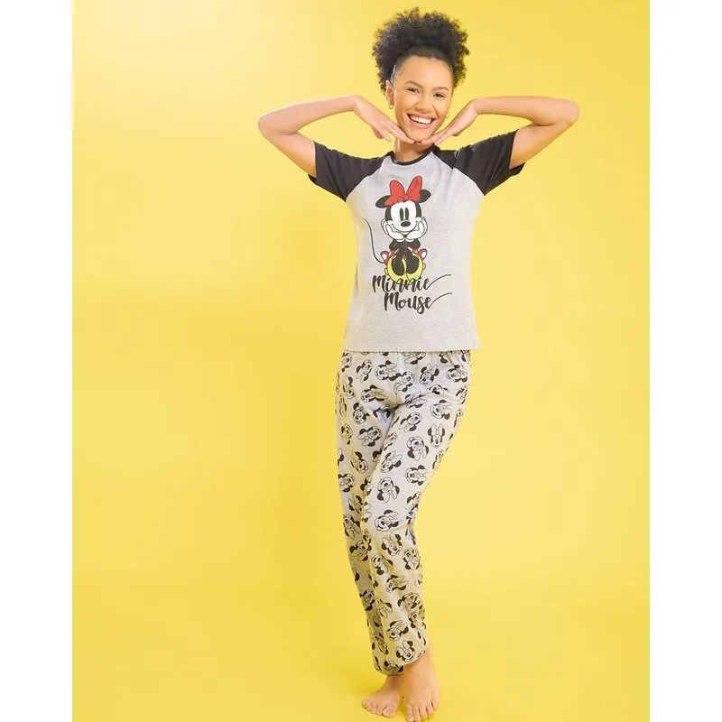 Pijama Longo Minnie Mouse Disney Mescla Cinza G