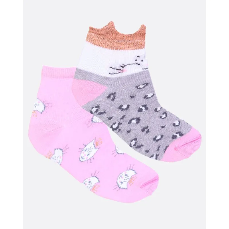 Kit Meia Infantil 2 Pares Cano Curto Gatinho Cinza Rosa 30 A 33