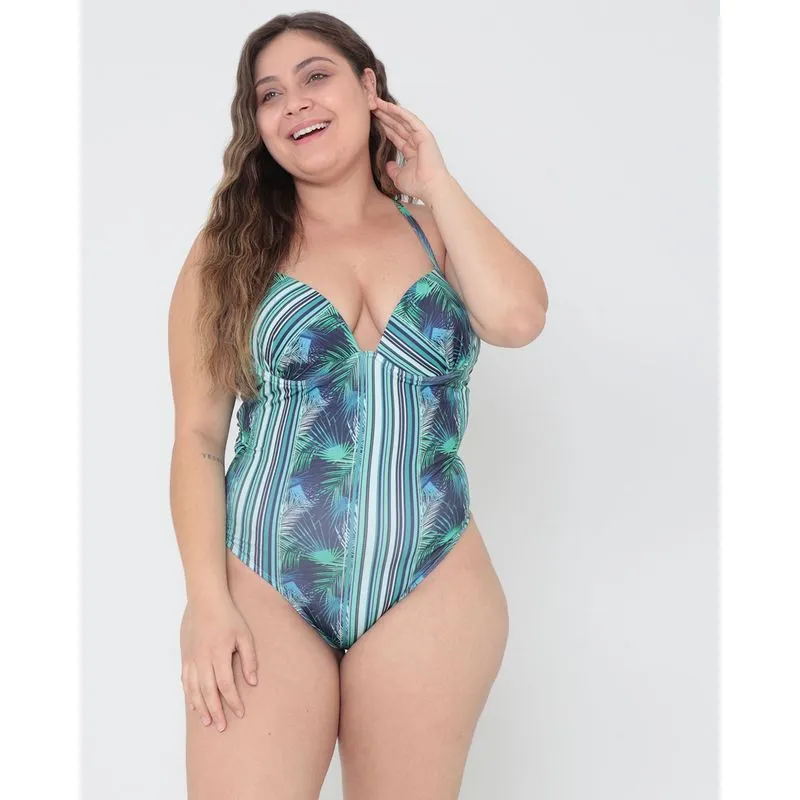 Maiô Plus Size Com Bojo Estampa Listras Verde 48