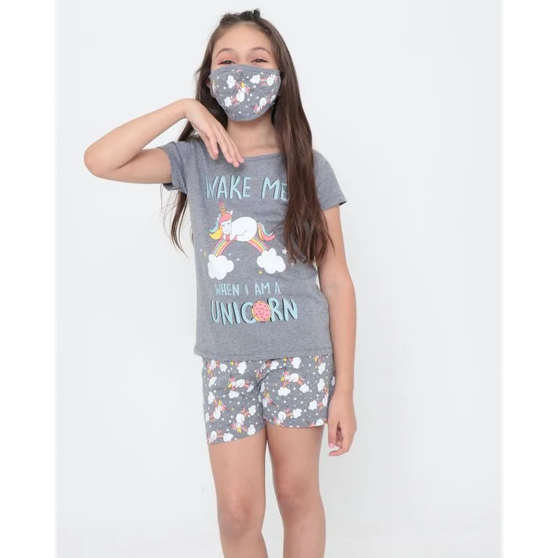Pijama Infantil Com Máscara Unicórnios Mescla Cinza 10