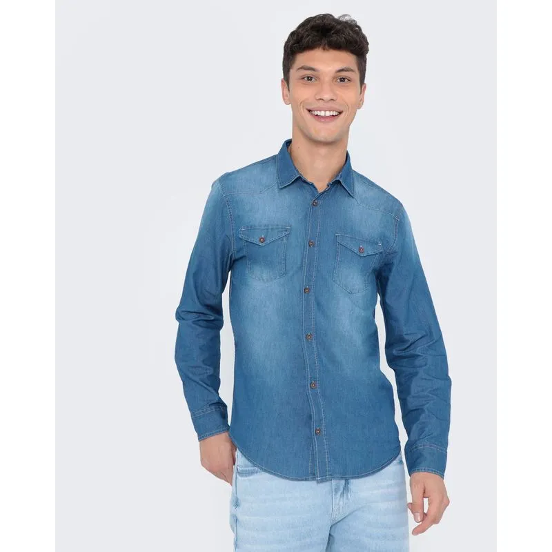 Camisa Jeans Masculina Manga Longa Azul P