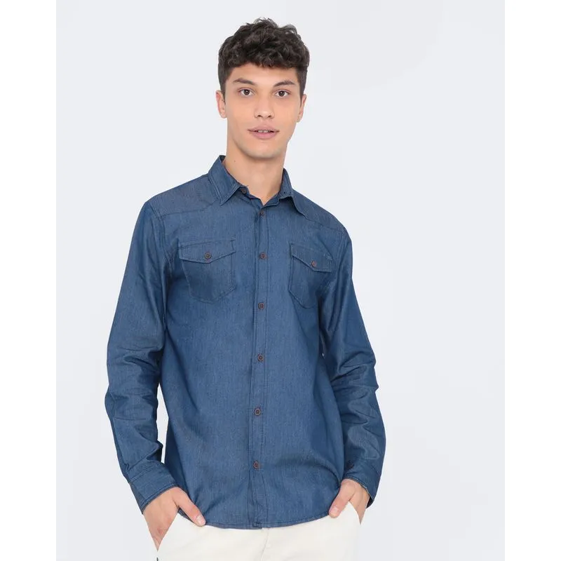 Camisa Jeans Masculina Manga Longa Azul Escuro P