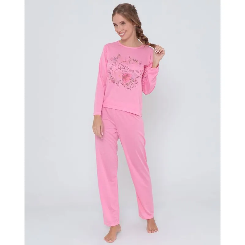 Pijama Longo Estampa Frontal Rosa M