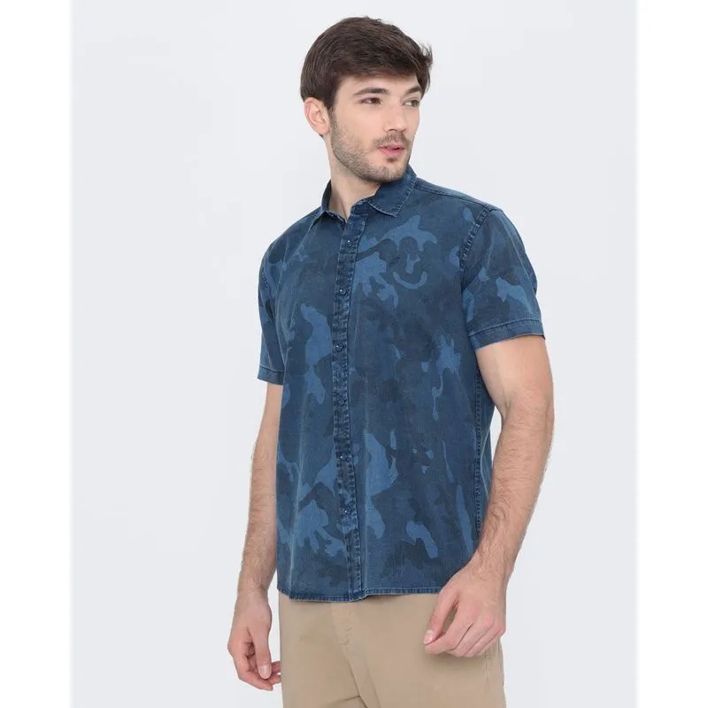 Camisa Jeans Masculina Camuflada Azul Escuro 3