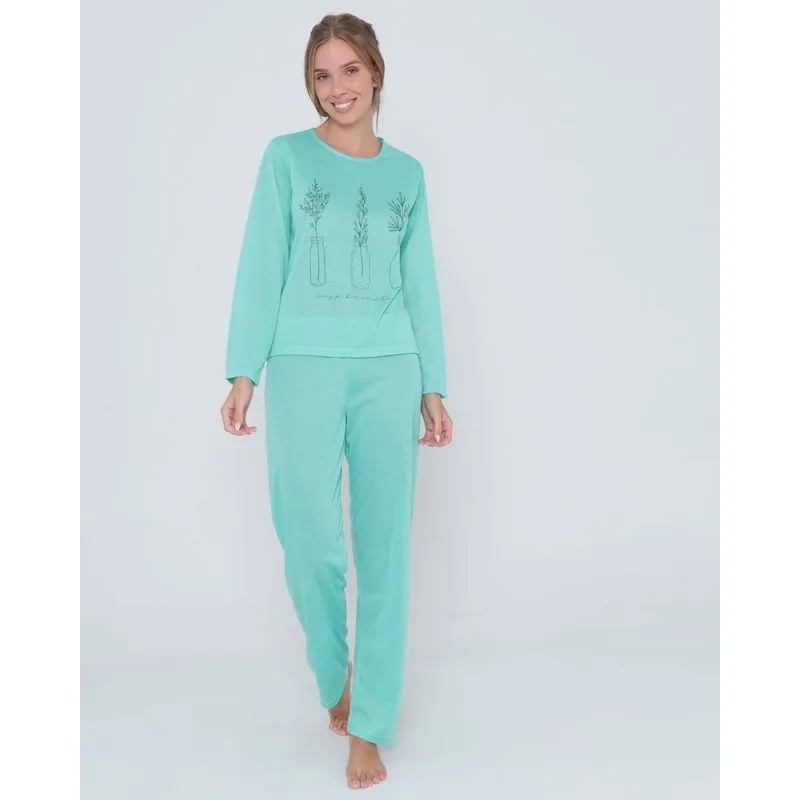 Pijama Longo Estampa Frontal Verde Claro M