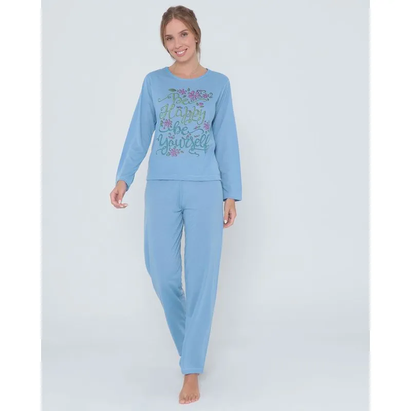 Pijama Longo Estampa Frontal Azul Claro P