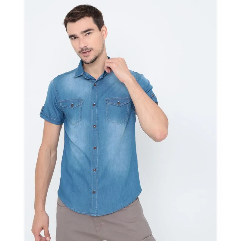 Camisa Jeans Masculina Manga Curta Azul GG