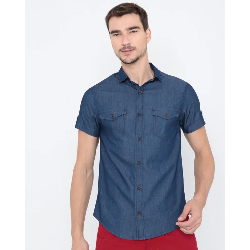 Camisa Jeans Masculina Manga Curta Azul Escuro M