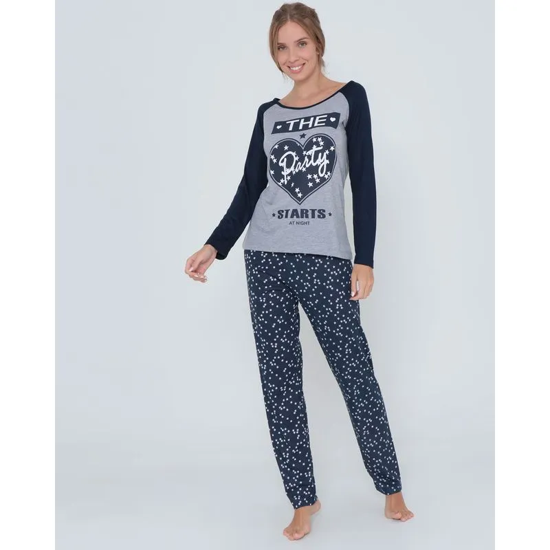 Pijama Longo Estampa Estrelas Azul Marinho GG