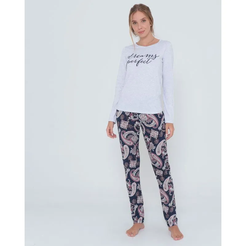 Pijama Longo Estampa Paisley Mescla Cinza G