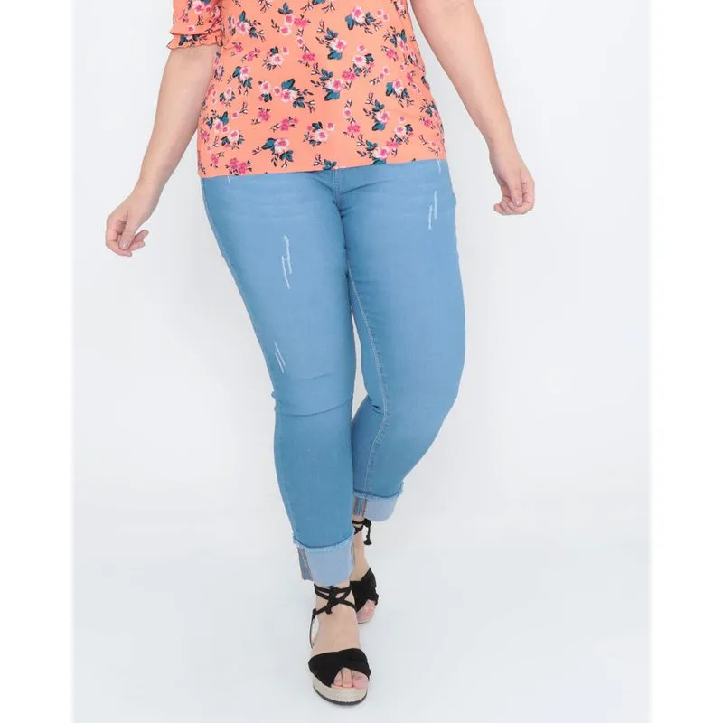 Calça Jeans Feminina Plus Size Cigarrete Puídos Azul 54