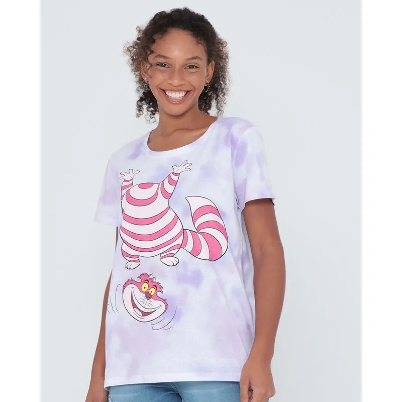 Camiseta Feminina Algodão Tie Dye Oversized Disney Gato Alice Lilás M