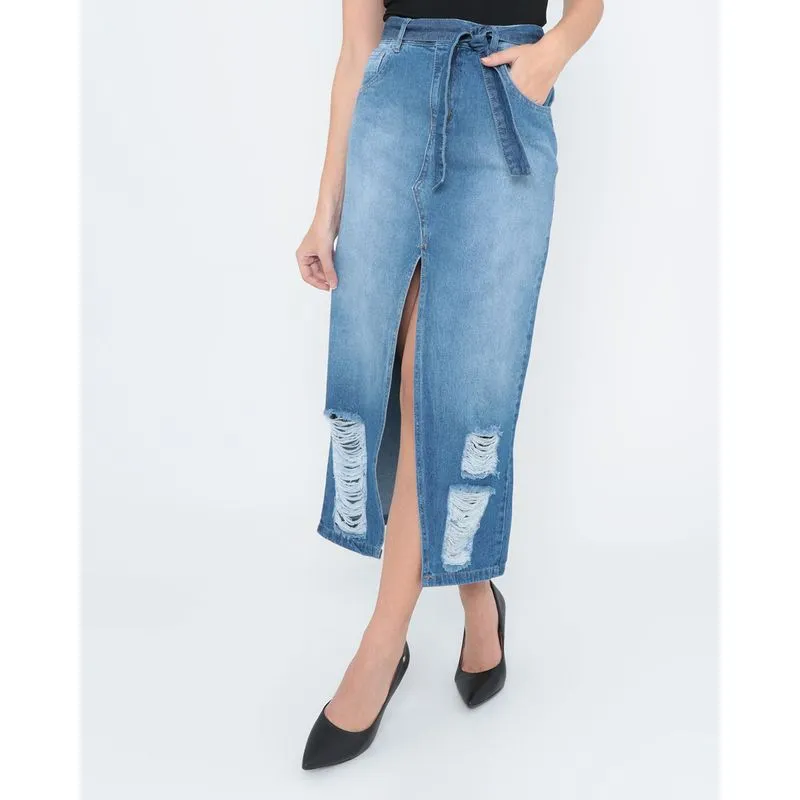 Saia Jeans Longa Fenda Destroyed Azul Claro 38