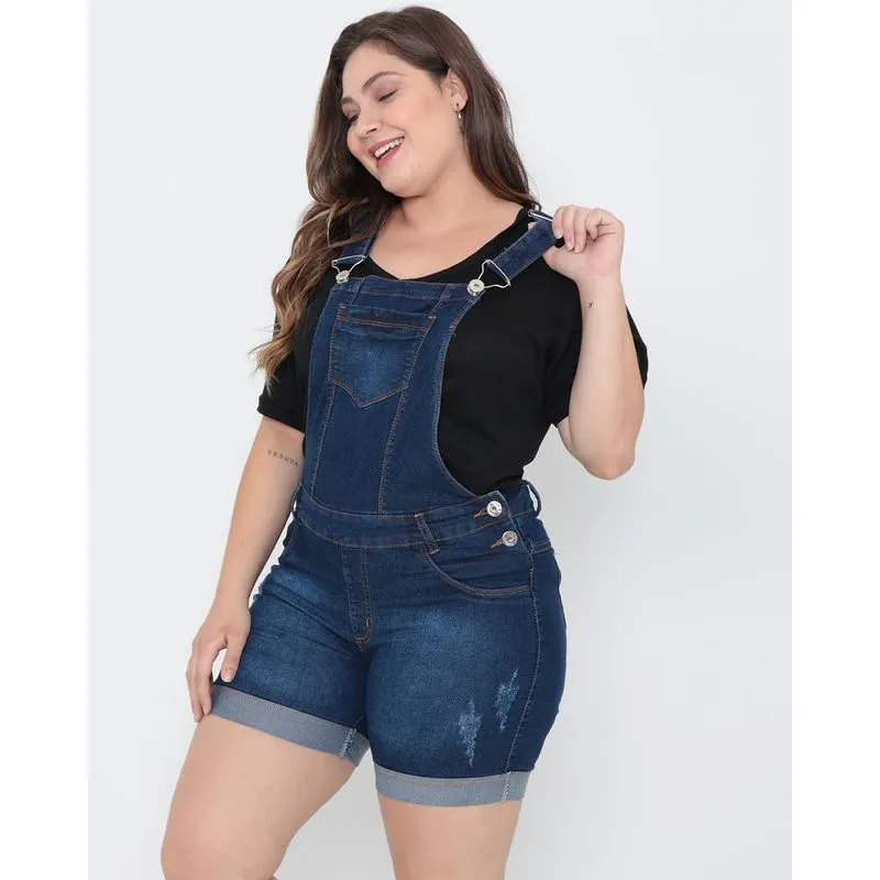 Jardineira Jeans Plus Size Azul Escuro 46