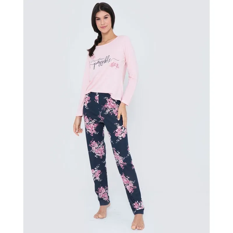 Pijama Longo Estampa Floral Rosa Claro M