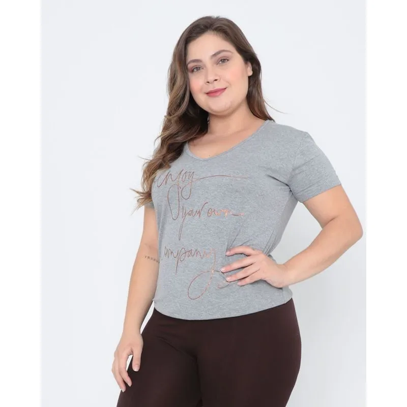 Blusa Plus Size Manga Curta Estampada Cinza G2