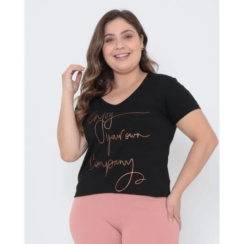 Blusa Plus Size Manga Curta Estampada Preta G1