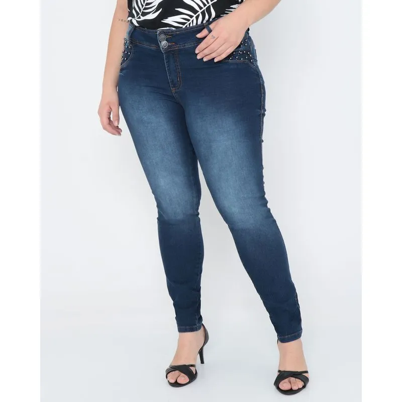 Calça Jeans Feminina Plus Size Tachas Azul Escuro 50