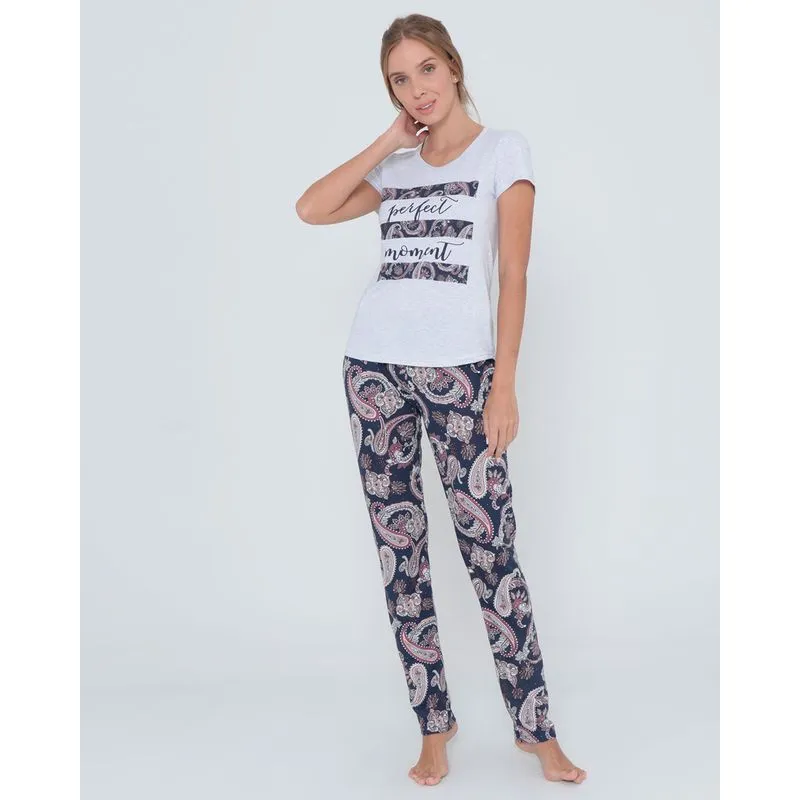 Pijama Feminino Longo Estampa Paisley Cinza Claro M