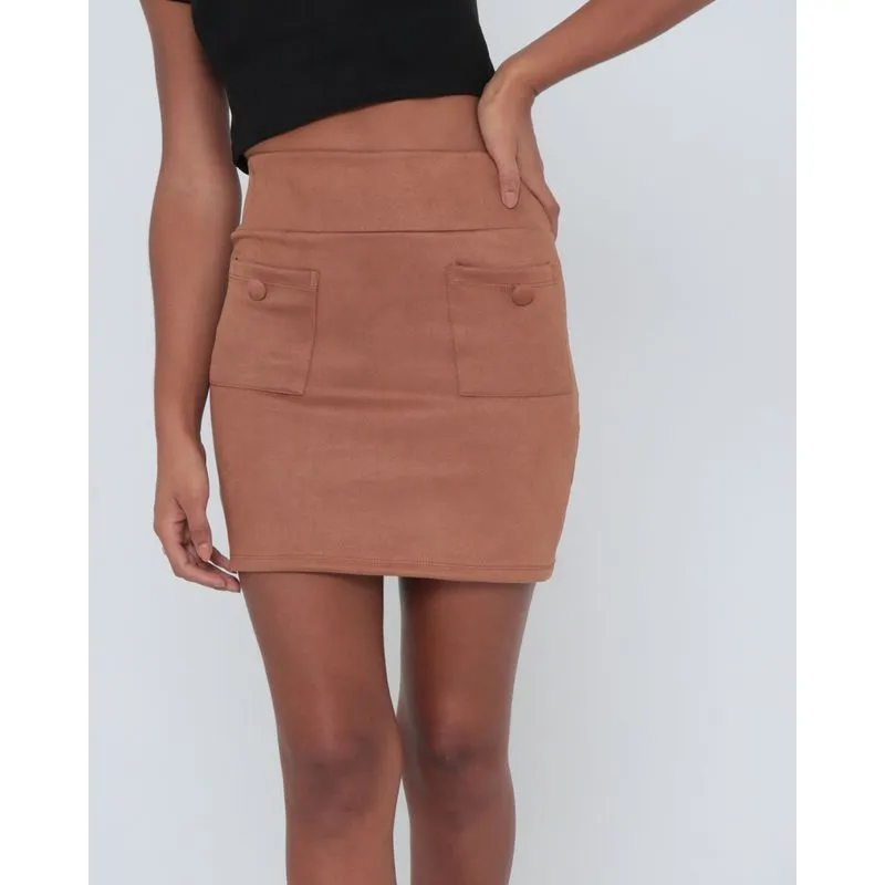 Saia Suede Curta Bolsos Caramelo G