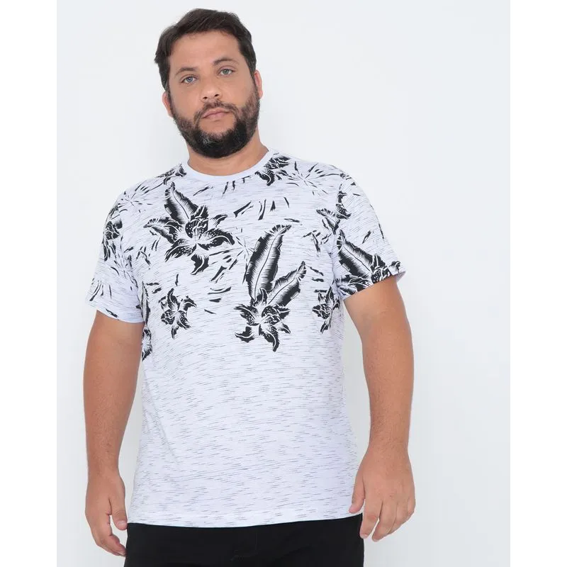 Camiseta Plus Size Manga Curta Estampa Tropical Branca G3