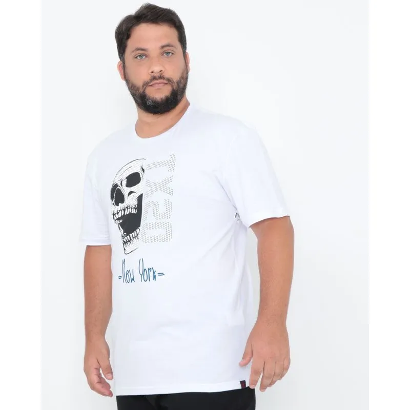 Camiseta Plus Size Manga Curta Estampa Caveira Branca G2