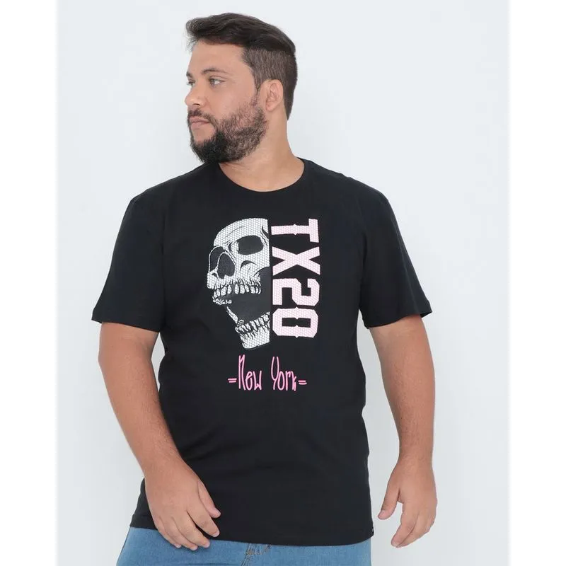 Camiseta Plus Size Estampa Caveira Preta G2