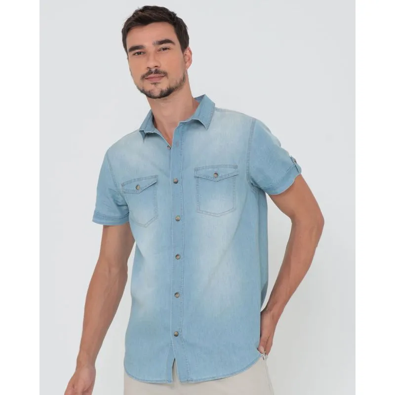Camisa Jeans Masculina Delavê Azul Claro GG