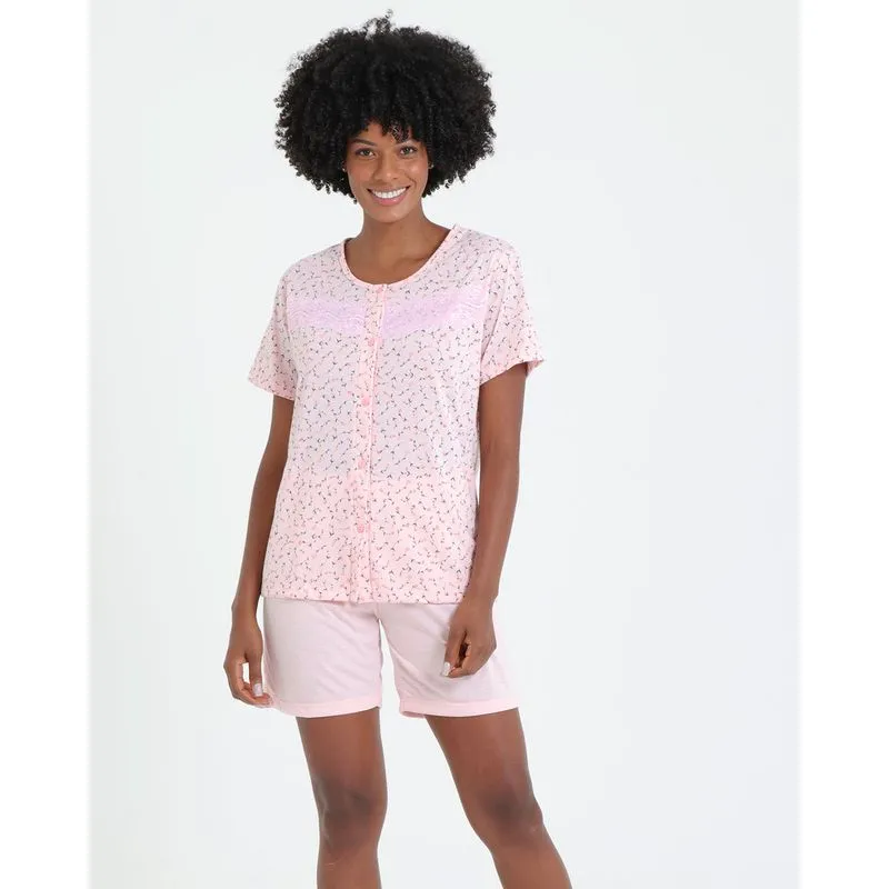 Pijama Feminino Manga Curta Renda Floral Rosa GG