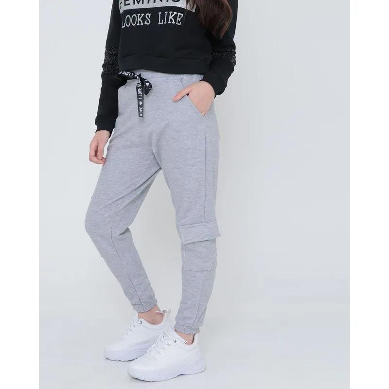 Calça Juvenil Moletom Bolso Cargo Cinza Claro 16