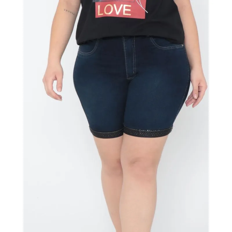 Bermuda Jeans Plus Size Barra Strass Azul 46