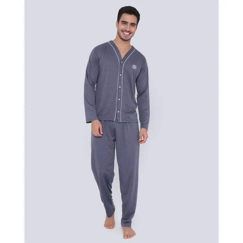 Pijama Masculino Longo Com Botões Cinza Escuro G