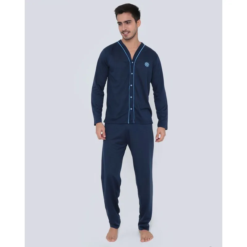 Pijama Masculino Longo Com Botões Azul Marinho P