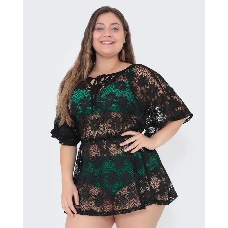 Saída de Praia Túnica Plus Size Renda Preta G2