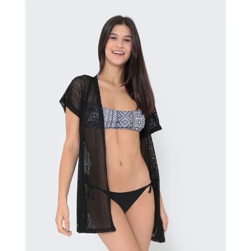 Saída de Praia Kimono Manga Curta Renda Preta P