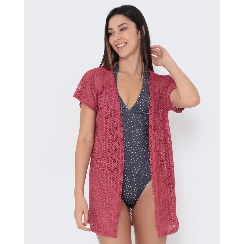 Saída de Praia Kimono Manga Curta Renda Rosa G