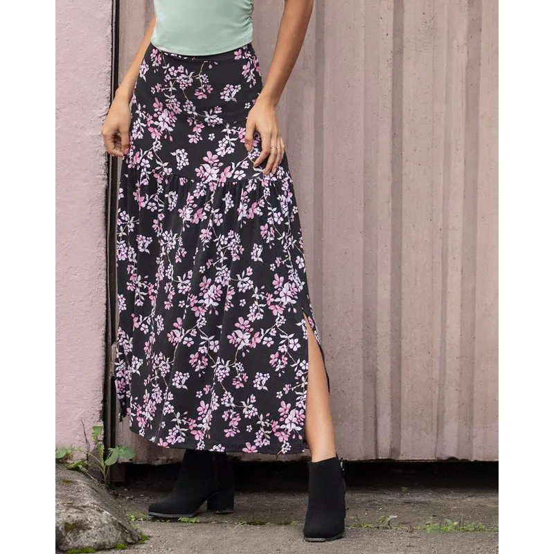 Saia Longa Estampa Floral Preta P
