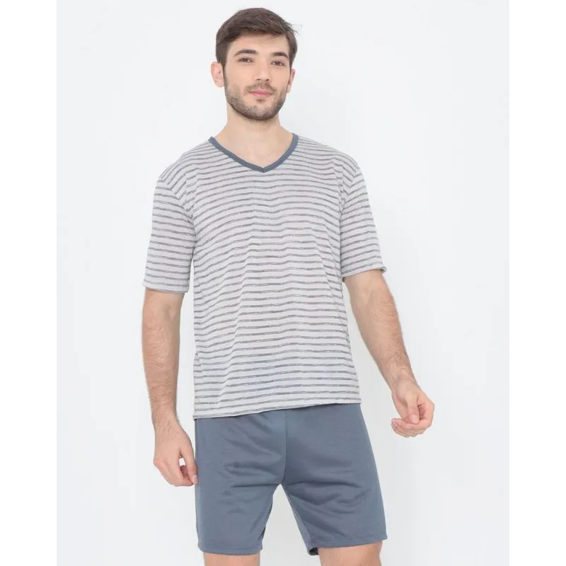 Pijama Curto Listrado Cinza M