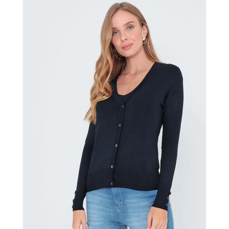 Cardigan Feminino Liso Em Tricô Azul Marinho P