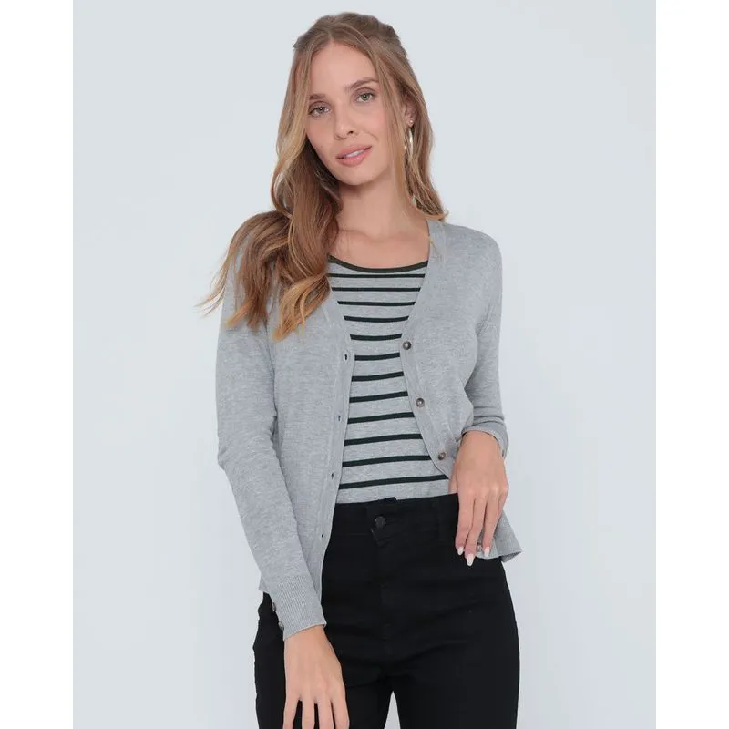 Cardigã Feminino Liso Em Tricô Cinza Claro P